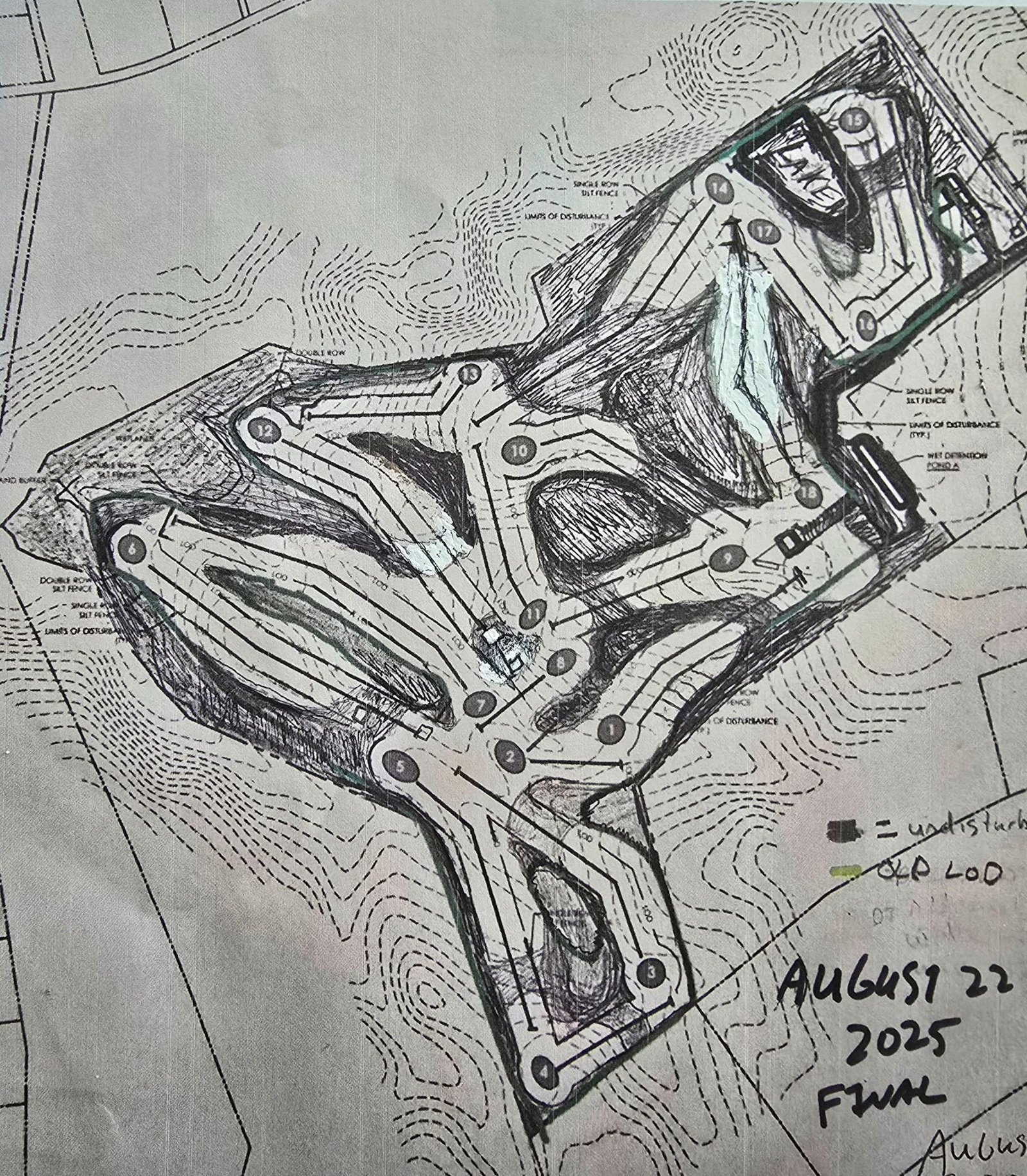 Hand-drawn routing plan for the 18 holes